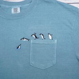 Embroidered Penguin Pocket Tee, Vintage Style Garment-Dyed T-Shirt, Unisex Adult
