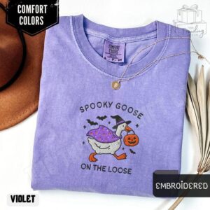 Embroidered Spooky Goose Halloween TShirt, Witchy Silly Goose Lover Tee, Girly Halloween Gift, Trick or Treat Outfit