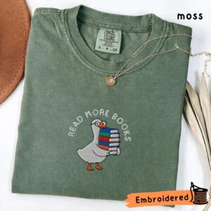 Embroidered Reading Goose Book Lover Tee