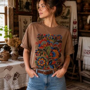Women Ethnic T-Shirt, Embroidered Scandinavian Floral Print Shirt, Botanical Art Tshirt, Country Gardeners Boho Gift Tee