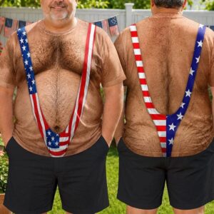 Funny Hairy Body Swimsuit T Shirt, 3D American Flag Sling Shirt, Novelty Summer Party Tee, Beach Vacation Gift For Men