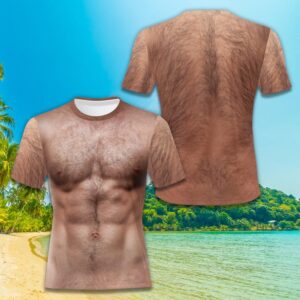 Funny 3D Hairy Chest Muscle T-Shirt, Realistic Six Pack Abs Graphic Tee, Beach Body Illusion Shirt, Novelty Costume Gag Gift for Men