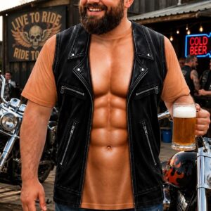 Personalized Six Pack ABS with Biker Vest Men Funny 3D T-Shirt, Funny Motorcycle Vest Illusion Shirt, Beach Vacation Gift for Men
